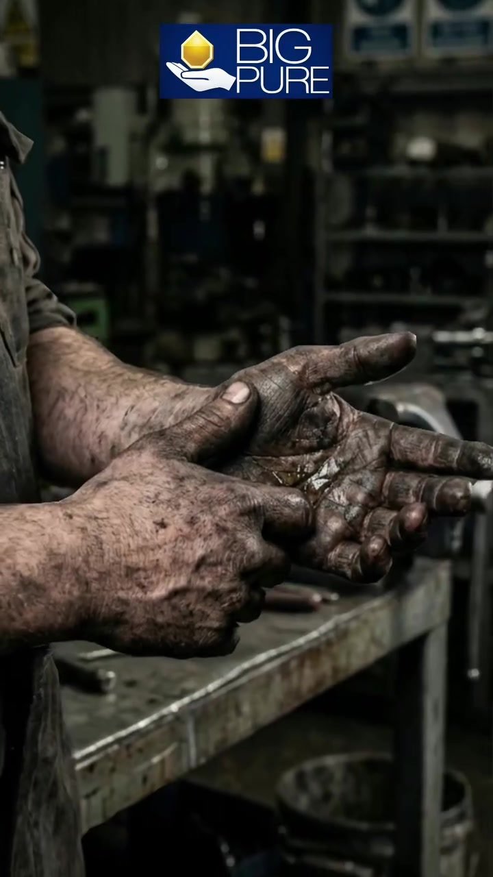 Grease-covered hands in a workshop